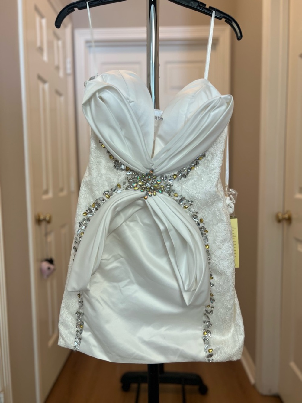 White Beaded Spaghetti-Strap Wedding Mini Dress, (S)
